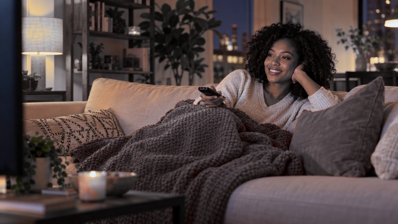 A woman relaxing with the remote during a night in