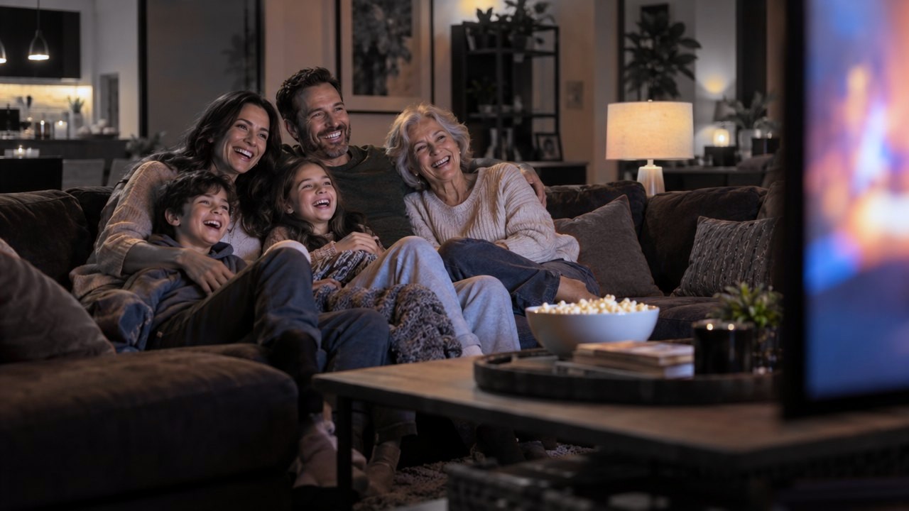 A family enjoying TV night together