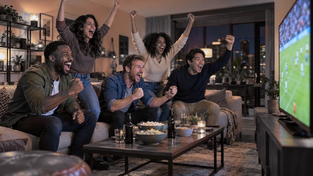 Friends cheering at a game on TV