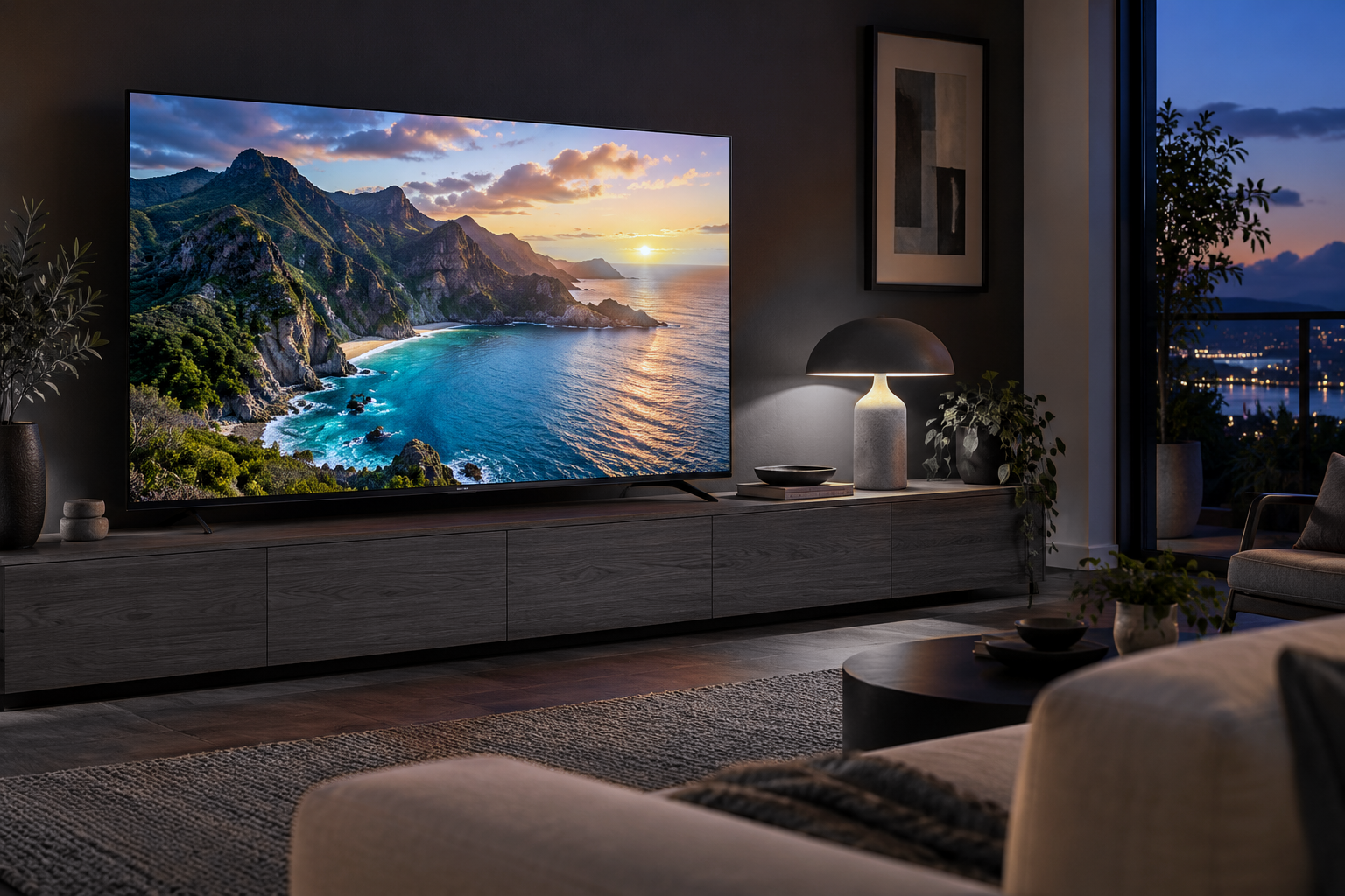 A smart TV displaying a coastal landscape in a warmly lit living room