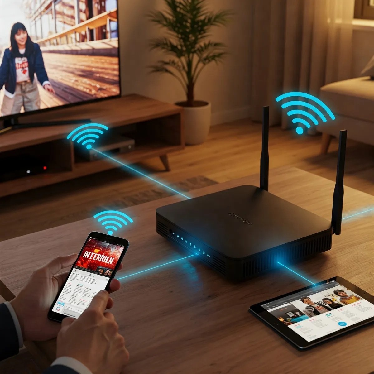 Router connecting TV, phone, and tablet